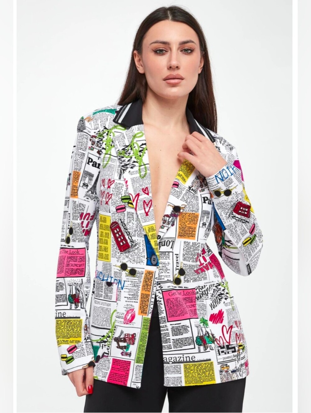 Joseph Ribkoff Multicolor Newspaper-Print Blazer, Black Notch Collar, Size 12 - Picture 1 of 9